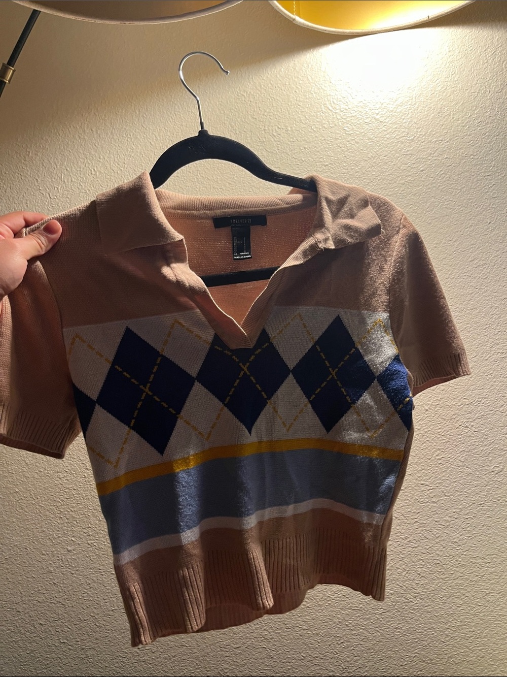 Women's Short-Sleeve Argyle Polo Sweater in Light Brown